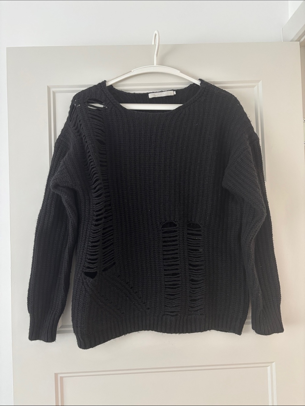 Black Distressed Crewneck Sweater - Women’s Relaxed Knit